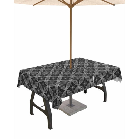 Fsddascl Black Geometric Outdoor Tablecloth - 60x84 Inch Rectangle Dining Table Cover, White Modern Abstract Art Aesthetics Waterproof Outdoor Table Cloth with Umbrella Hole & Zipper for Patio