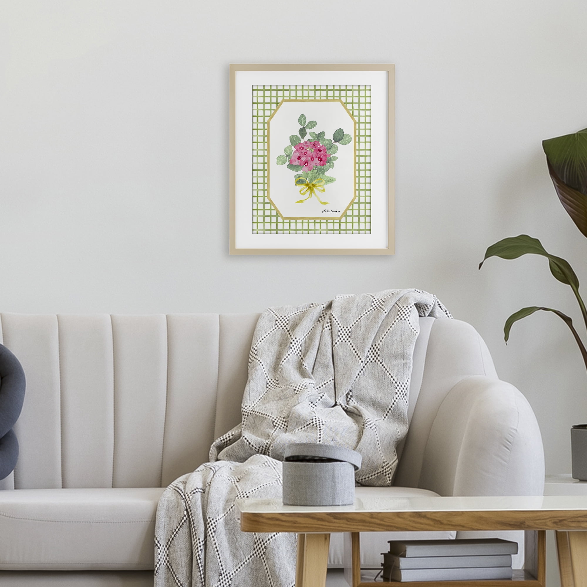 Botanical Story on Grid Pattern Birch Framed Print Under Glass, design by Lee Ann Sanders