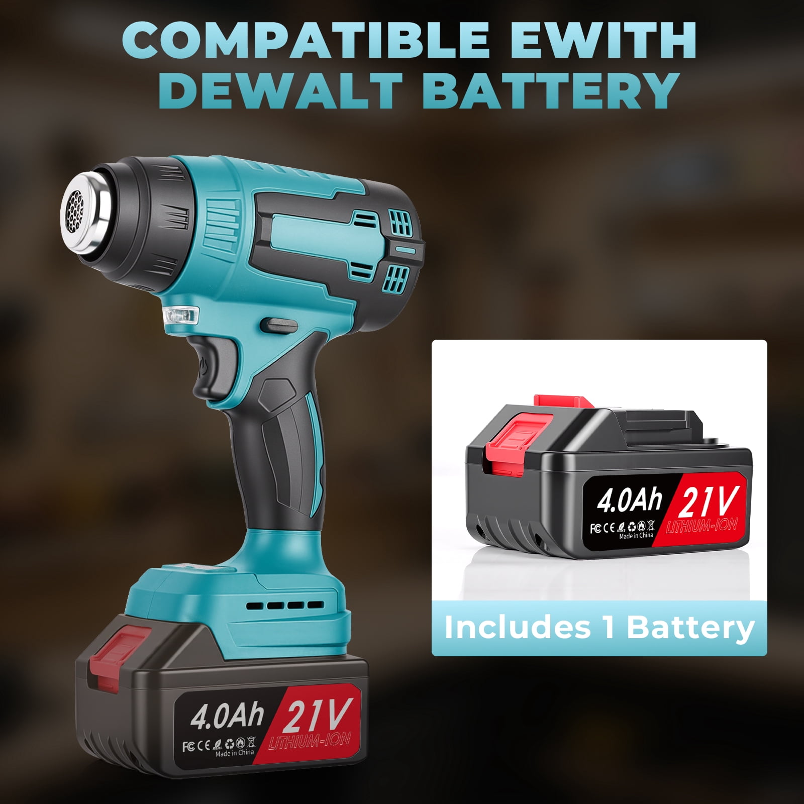 Heat Gun, Portable Handheld Cordless Electric Heat Gun with 3000mAh Battery, Hot Air Gun Kit with 4 Nozzles for Crafts, Shrink Wrapping/Tubing, Paint Removing, Soldering