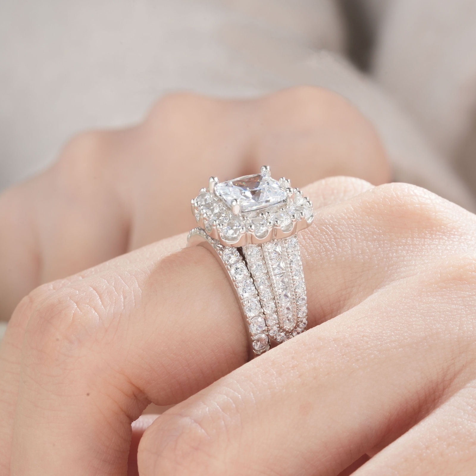 SHELOVES Vintage Style Princess Halo AAAAA CZ Wedding Engagement Ring Sets for Women 925 Sterling Silver Size 7