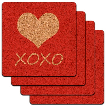 

XOXO Heart Wedding Bridal Baby Birthday Valentines Love Low Profile Cork Coaster Set