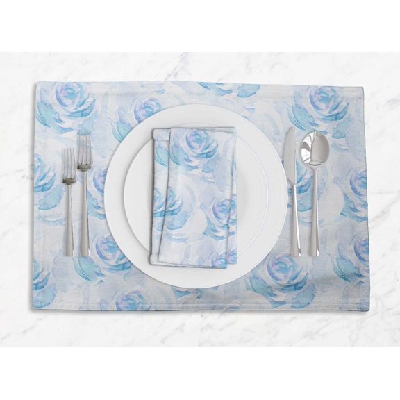 S4Sassy Blue Rose Floral Washable Placemats & Napkins Table Decor Dining Mats