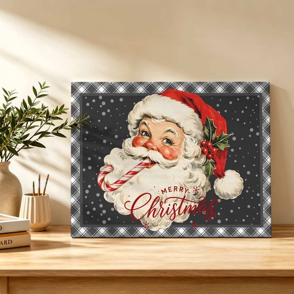 Christmas Winter Canvas Wall Art, Vintage Santa Claus Portrait Checkered Border Wall Art Prints Artwork Framed Canvas Ready to Hang Art Pictures for Bathroom, Dressing Table, Entryway 12" x 8"