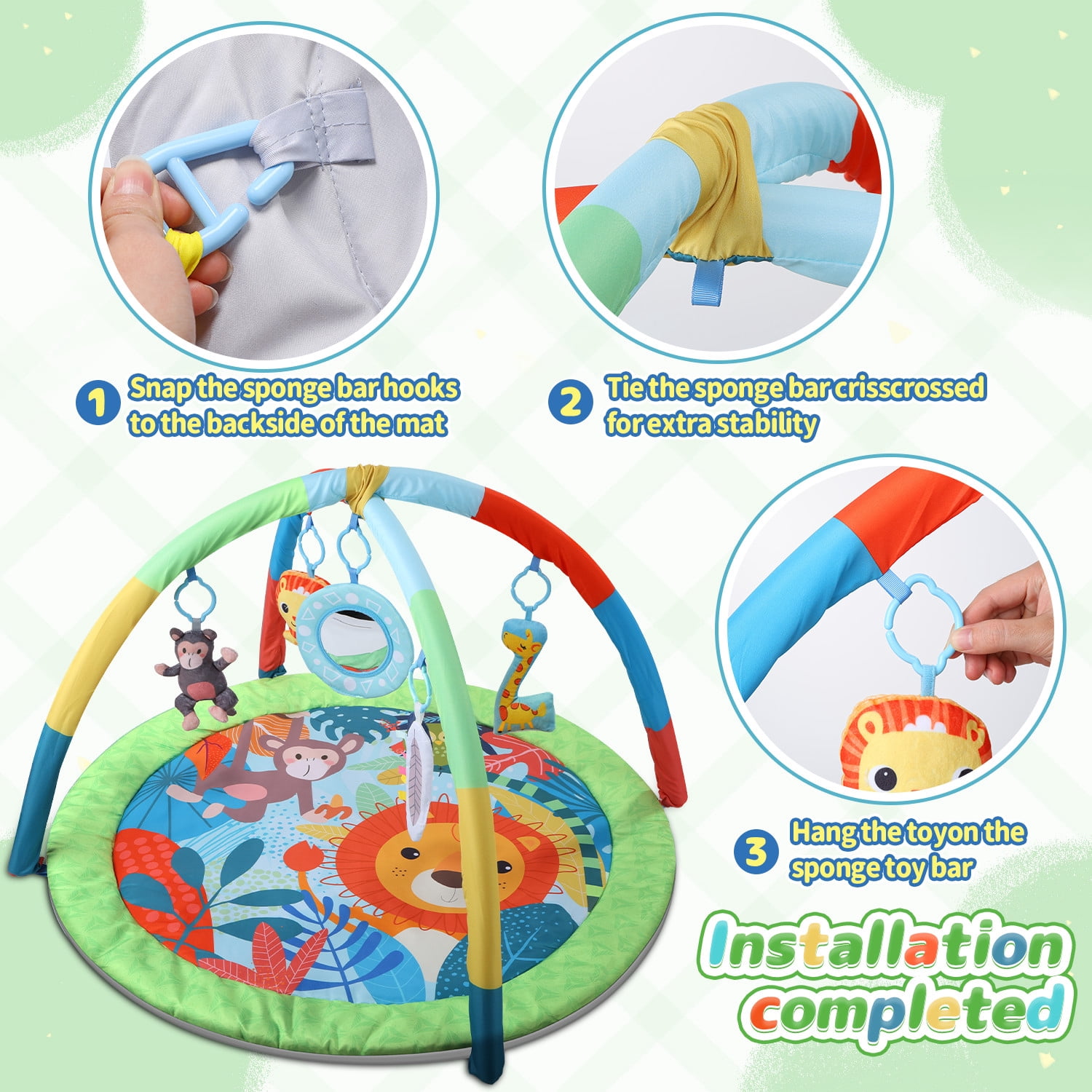 JoyStone Baby Gym Play Mat Activity Mat with 6 Detachable Toys, Round Tummy Time Play Mat for Newborns & Infants 0–12 Months