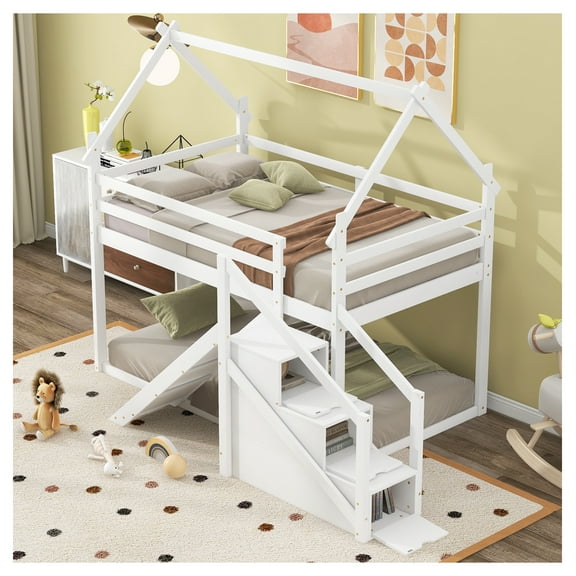 Twin over Twin House Loft or Bunk Bed with Slide and Staircase, White Box Spring Not Required   Twin   White   Wood   Bedroom   Bunk   Solid Wood MDF