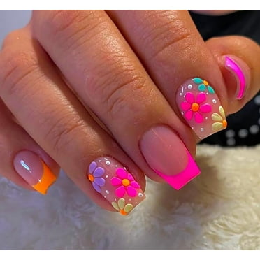 Short Pink Flower Press On Nails French Tip Design Nails Summer Cute Fake Nails Acrylic Square False Stick On Nails Full Cover Glue On Nails For Women and Girls