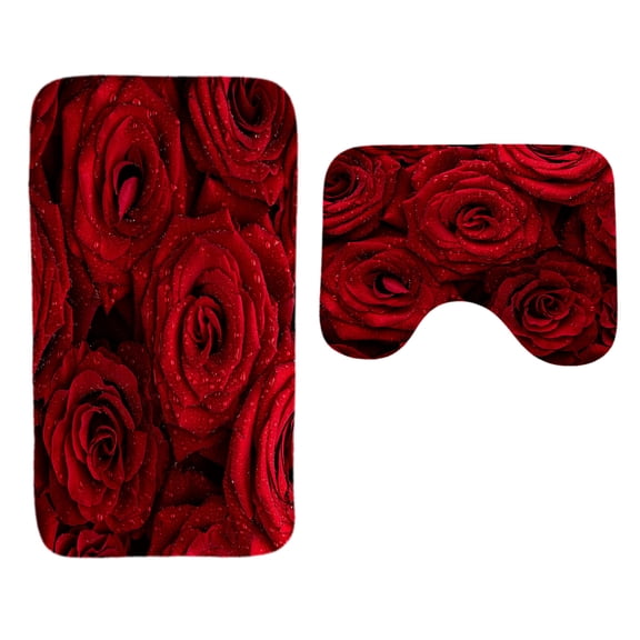 Bath Rugs Set 2 Pcs Bathroom Rugs Soft Red Rose Printed Flower Non-Slip Absorbent Floor Mats Toilet Decor Machine Washable