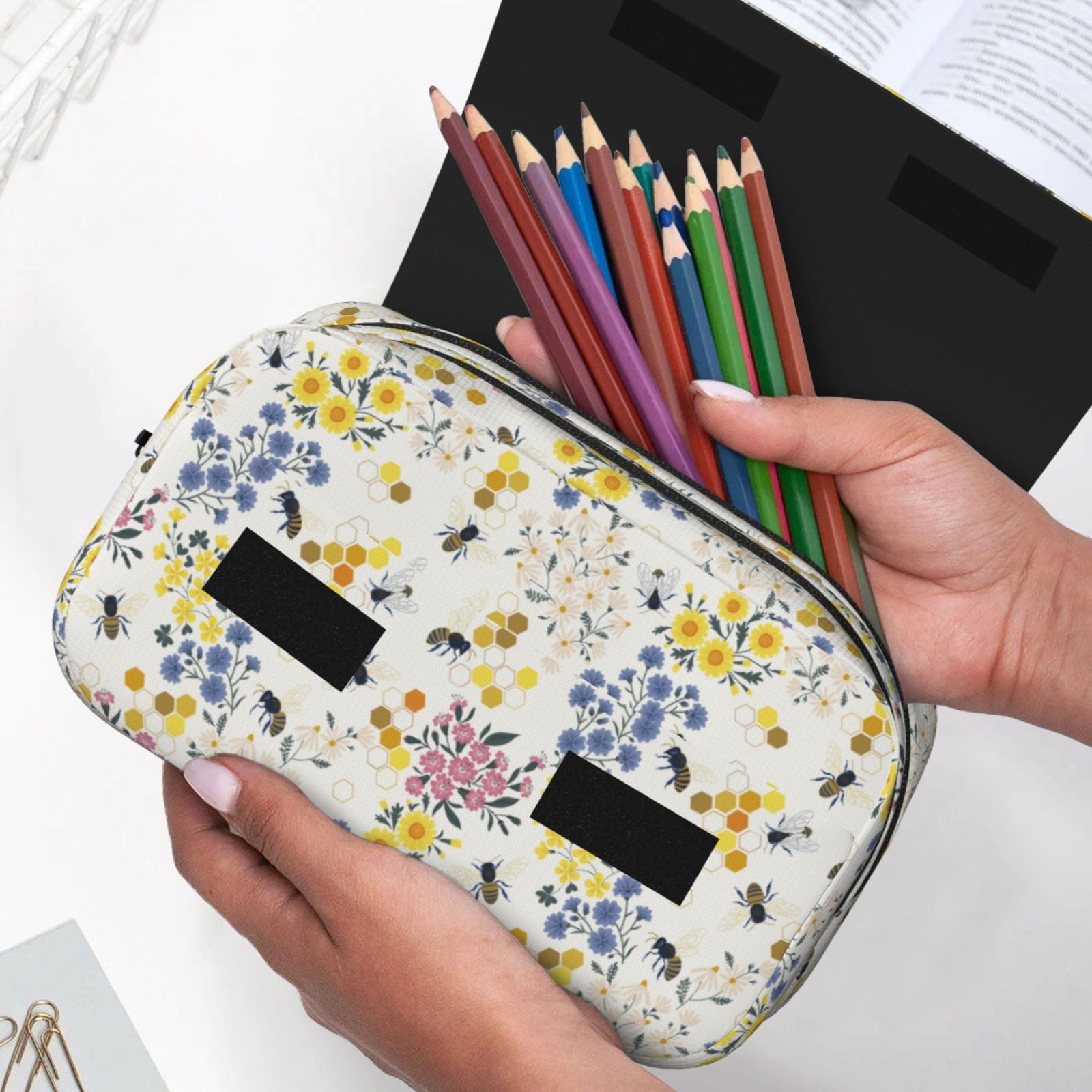 Rateoe Wildflower Honeybee Pattern Double Clamshell Pen Case, Storage Organizer with Two Zipper Compartments– Holds Up to 50 Pencils & Pens