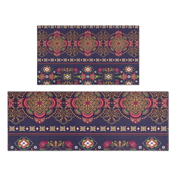 Purple Boho Tribal Floral and Mandalas Pattern Kitchen Rugs Sets Of 2,Anti Fatigue Kitchen Mat Rugs Non Slip Washable,Decorative Kitchen Floor Mats for Kitchen,Sink,Laundry,17"x30" 17"x47"