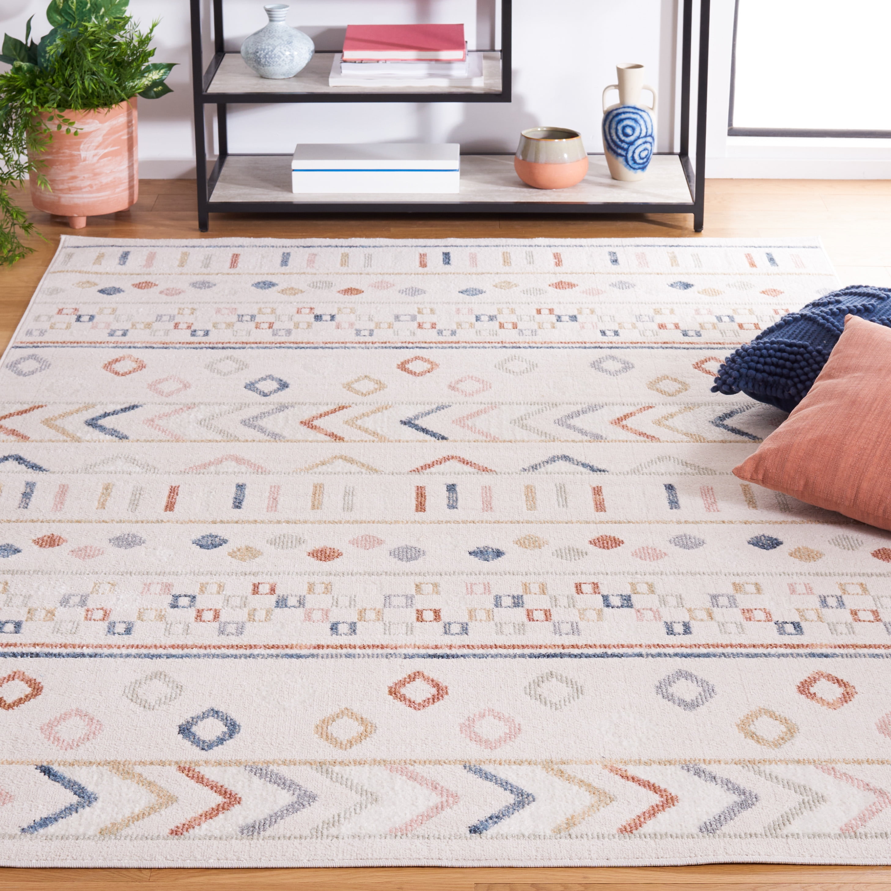 SAFAVIEH Blair Dolkar Aztec Machine Washable Area Rug, 5'3" x 7'6", Beige/Multi