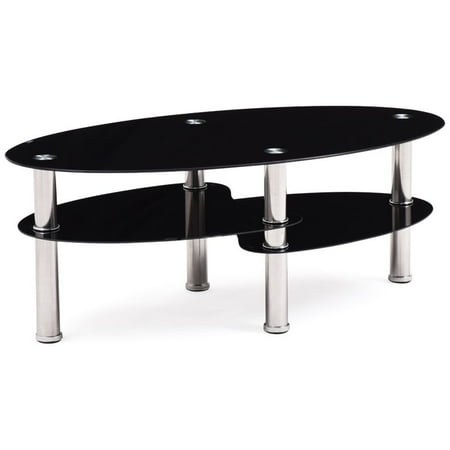 Flat Back Oval Glass - Pemberly Row Tempered Glass Oval Coffee Table in Black