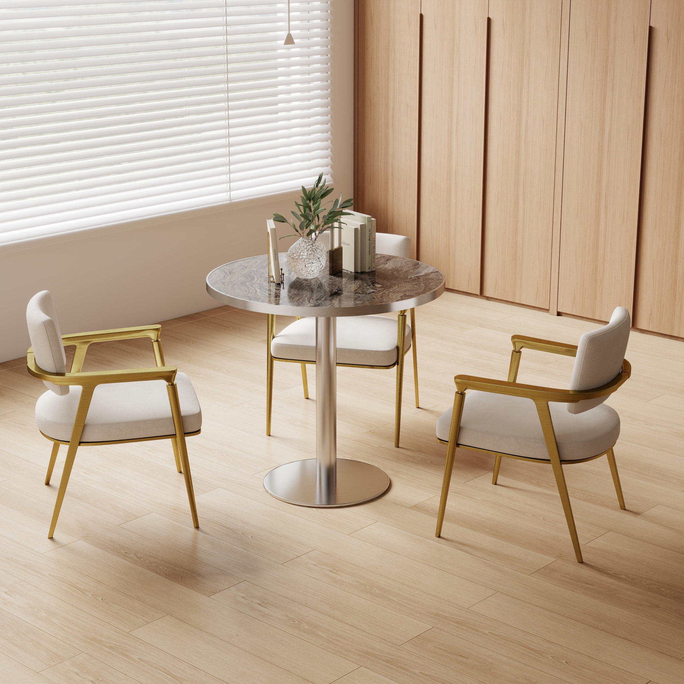 Noble House 31.5" Round Dining Table with Faux Marble Top, Luxury Bistro Table with Stainless Steel Legs, Gray & Silver