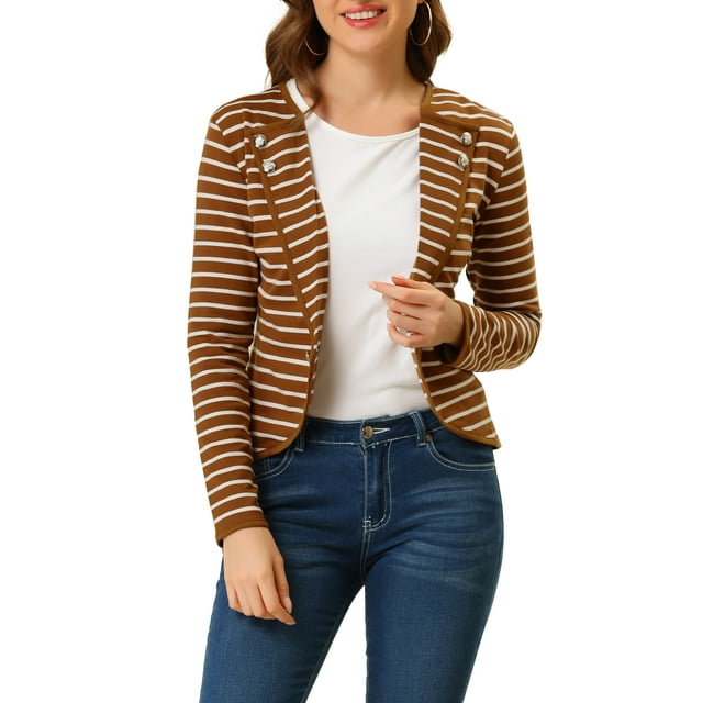 INSPIRE CHIC Blazer Fin à Rayures pour Femme à Revers Cranté Décoré de Boutons m Brun