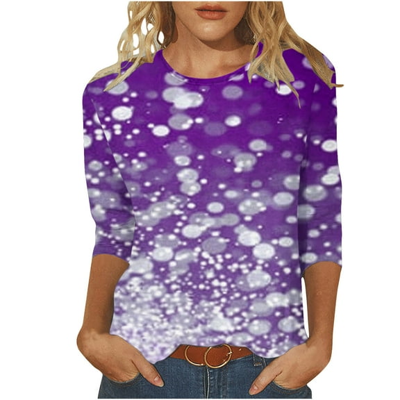 Plus Size 3/4 Length Sleeve Tshirts for Women Summer Glitter Tops Trendy Crewneck Sequins Tunic Tee