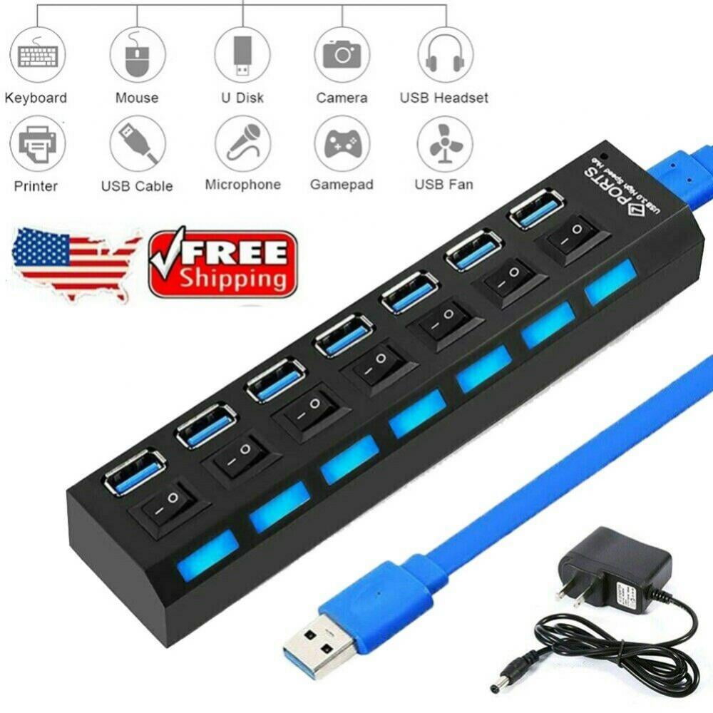 4/7 Port USB 3.0 Hub 5Gbps High Speed On/Off Switches AC Power Adapter For PC TB 