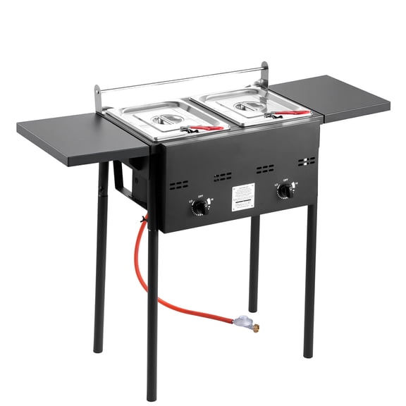 Outdoor Propane Deep Fryer, Dual-Tank 8QTx2 Commercial Fryer, Stainless Steel Cooker with Foldable Platform, Dual Basket, and Heat Adjustment, Floor Standing Fryers for Restaurant Home Sna