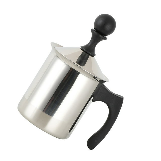 KAKOWELY Milk Frother Pitcher Stainless Steel for Coffee Silver Manual Hand Pump Frother Easy to Clean Heat Resistant Ergonomic Handle 12.5 oz