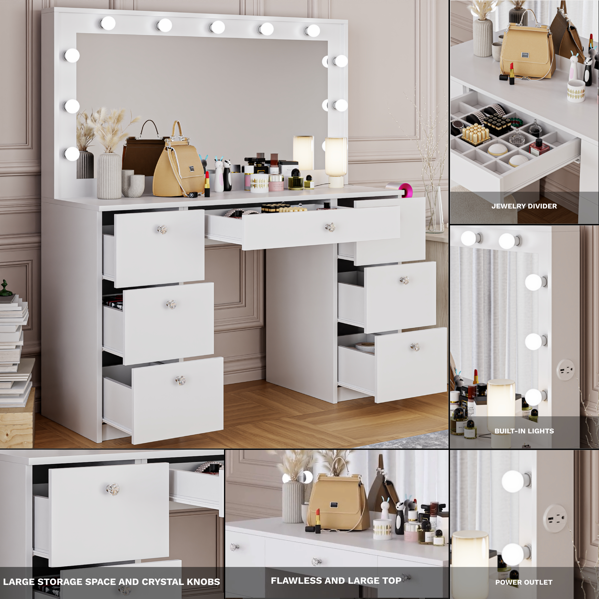 Ember Interiors Tammy White Vanity Desk with Mirror, Lights, Bluetooth Speakers & Storage