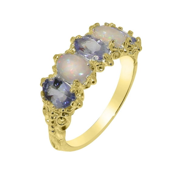 LBG British Made 18k Yellow Gold Natural Tanzanite & Opal Womens Eternity Ring - 33 size options - Size 8.25