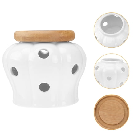 TEHAUX Ceramics Garlic Keeper with Bamboo Lid for Stylish Storage White Ventilated Container 12 Air Vents