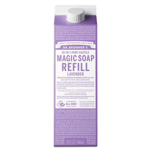 Dr. Bronner's Magic Soap - Castile Liquid Refill Carton - Lavender - 32 oz - 18-in-1 uses - Adults, Teens, Children