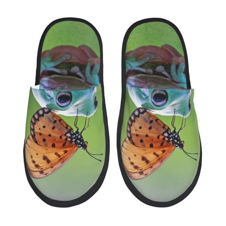 

Fuzoiu Butterfly Landing On Head Dumpy Frog Print Unisex Furry Slippers Plush Indoor Shoes Trendy House Slippers Anti-Skid EVA Sole House Shoes for Home Office and Travel -Large