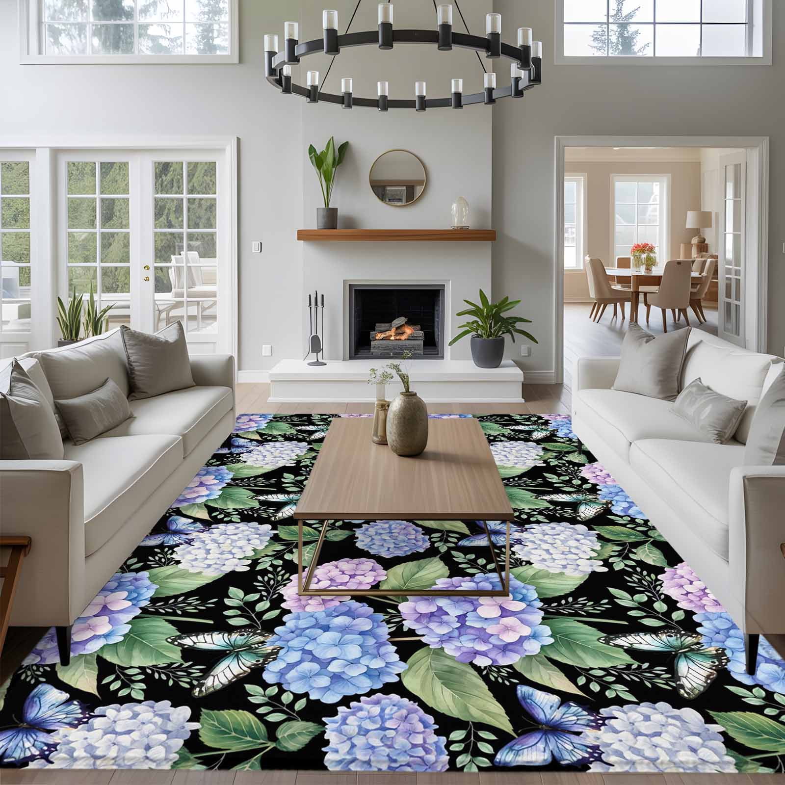 Purple Hydrangea Area Rugs 5'x7', Washable Small Throw Rugs for Laundry Room Playroom, Spring Floral Elegant Pastoral Flowers Indoor Outdoor Rug Non-Slip Low Pile Carpet Runner Reversible Floor Mats