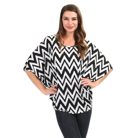 WT1468 Womens Round Neck 3/4 Sleeves Print Dolman Top L Chev_Black