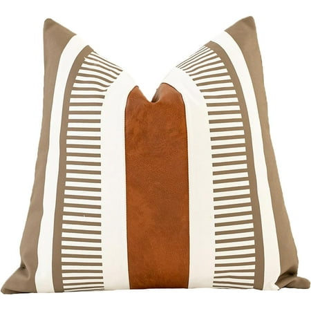 

Farmhouse Throw Pillow Covers for Couch Sofa Decorative Faux Leather Square Cushion Cover Tribal Stripe Accent Pillow Case 16x16 inch Tan