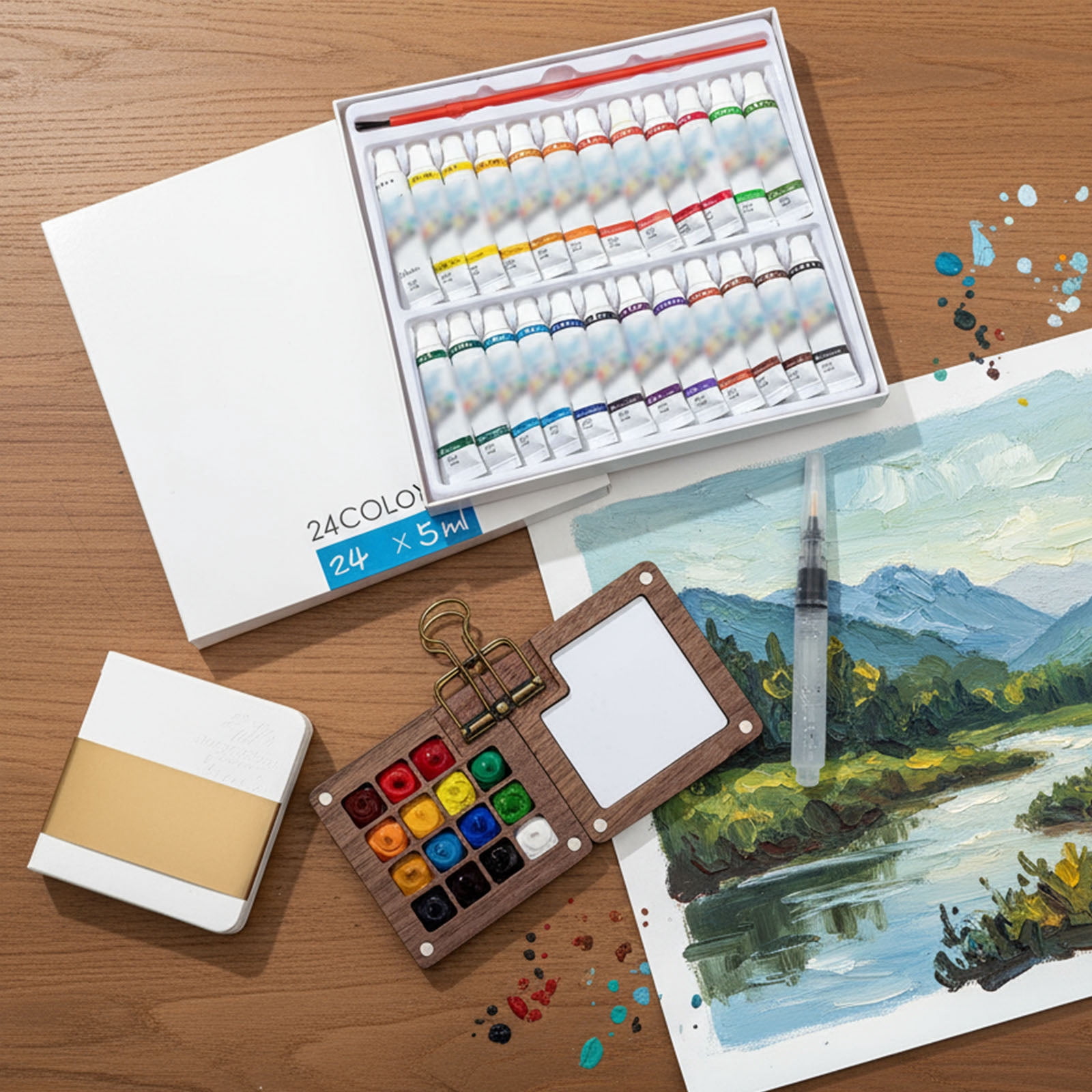 HAHUT Mini Watercolor Paint Set, Portable Artist Palette Sets with 24 Colors, Binder Clip, Sketchbook, Water Brush Pen & Wooden Paint Box for Artists Students Painters