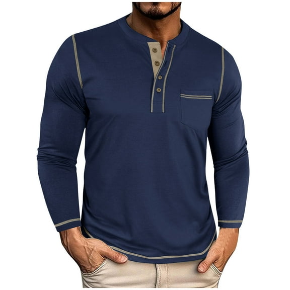 Mens Long Sleeve Shirts Classic Button Henley Tee Shirt Casual Lightweight Slim Fit Fall Soft T-Shirts with Pockets