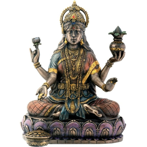 Bronze Hindu Goddess Lakshmi On Lotus Hinduism Display Statue