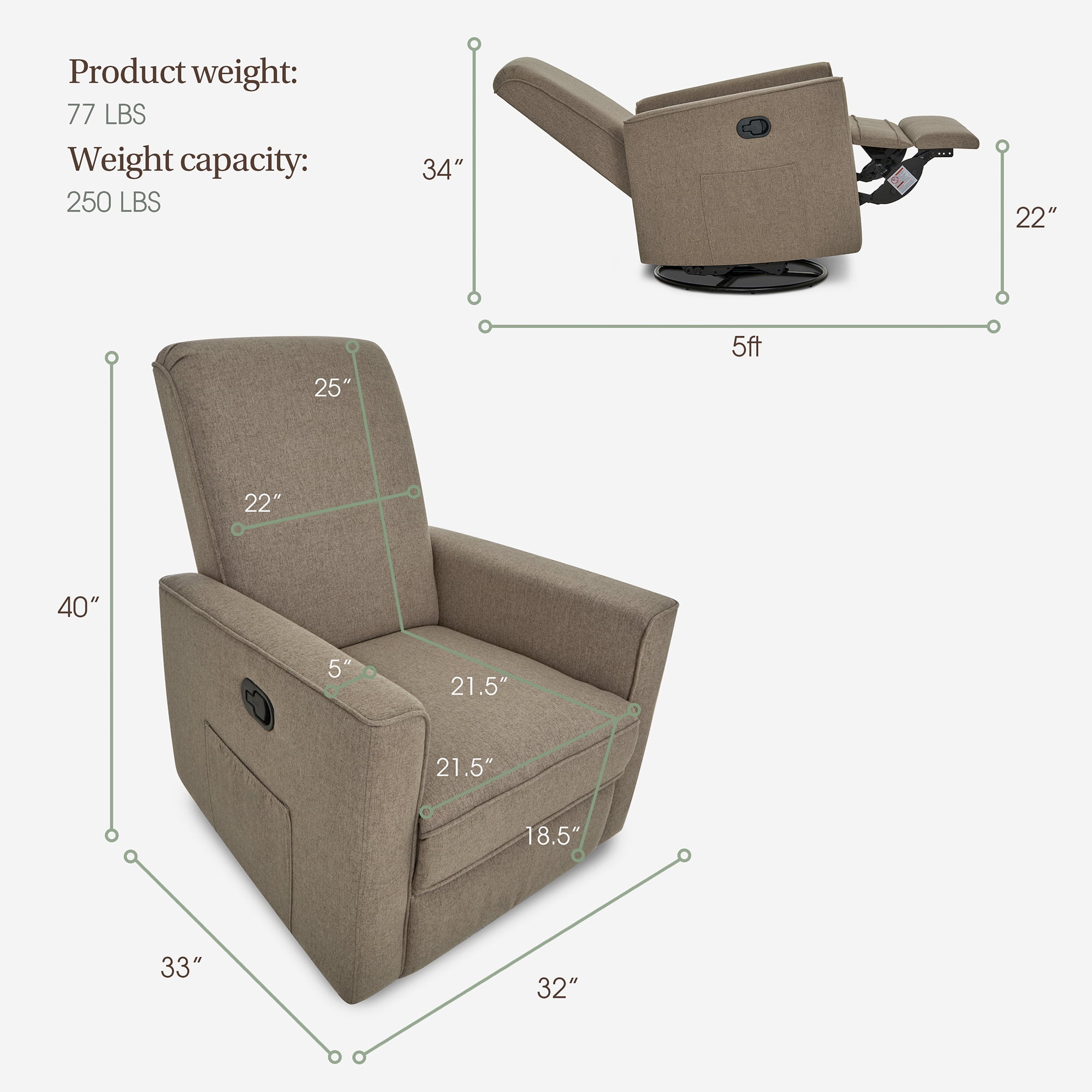 Evolur Raleigh Basic Glider |Recliner| Rocker, Light Truffle