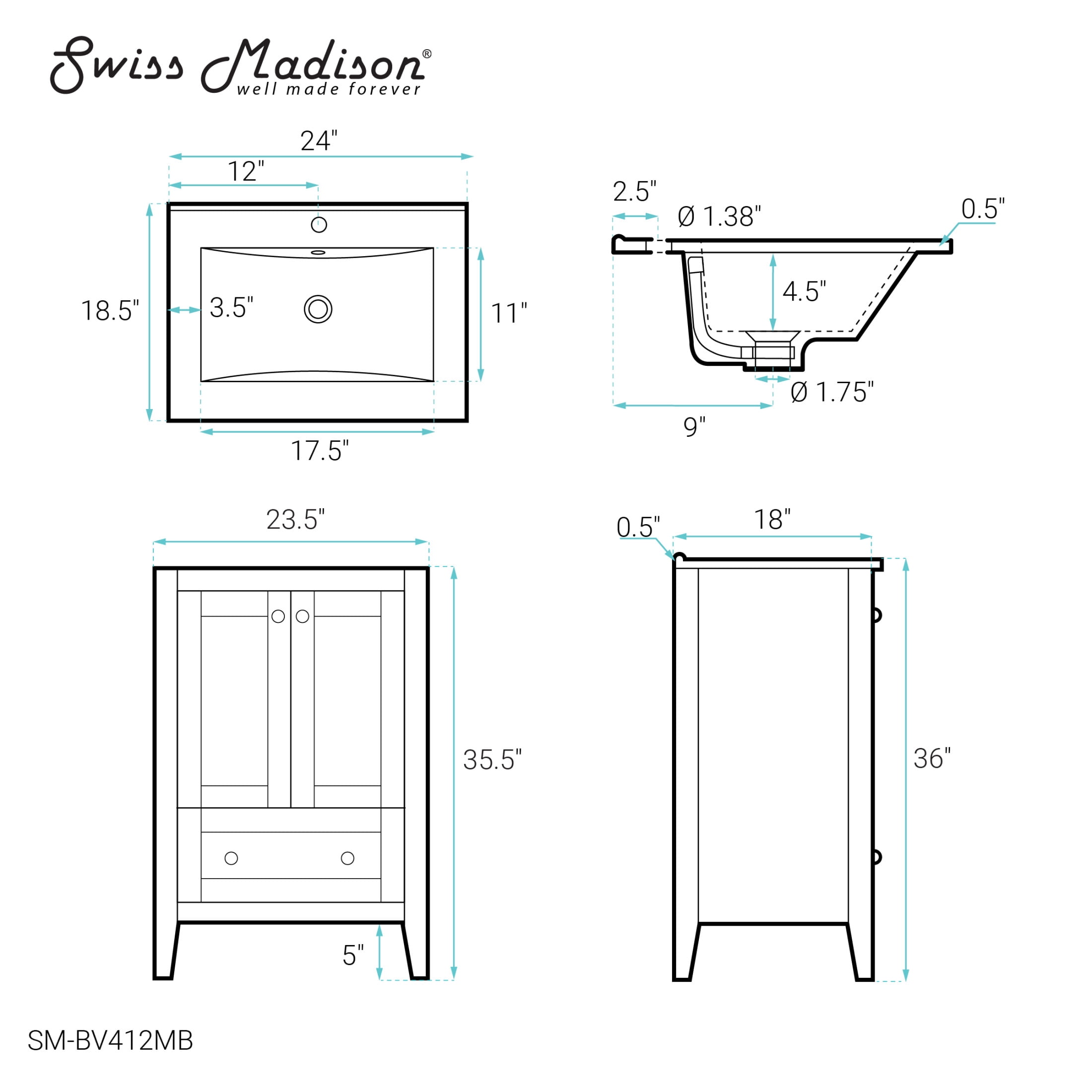 Cannes 24 in. White Bathroom Vanity With Black Ceramic Sink Top