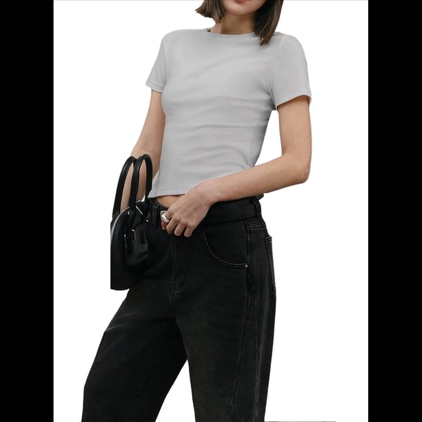 Camisetas de Algodón para Mujer, Cuello Redondo, Corta, Básicas, Informales, de Verano, Color Gris, Talla M