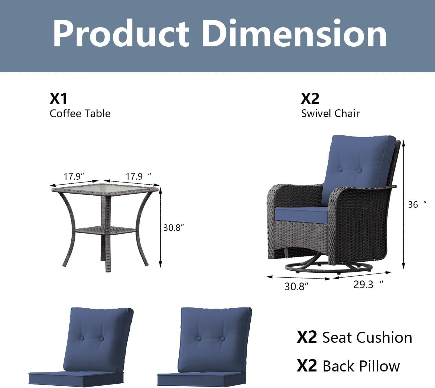 ASJMR 3PCS Patio Wicker Chairs Swivel Rocker with Coffee Table and Cushions, Outdoor Rattan Rocking Chairs for Porch Pool, Navy Blue
