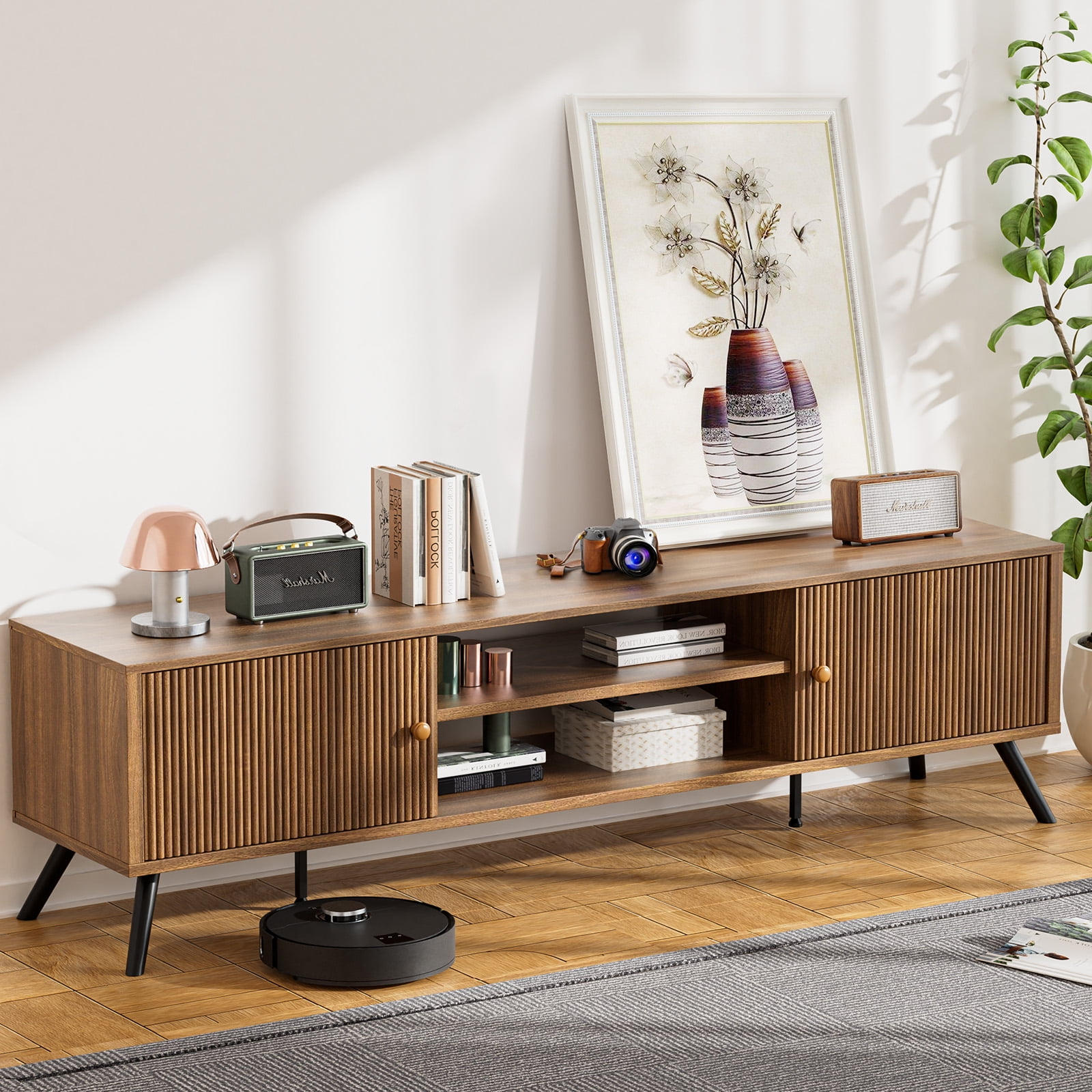 LUCKLIFE 70" Mid Century Modern TV Stand for TVs up to 75", Brown