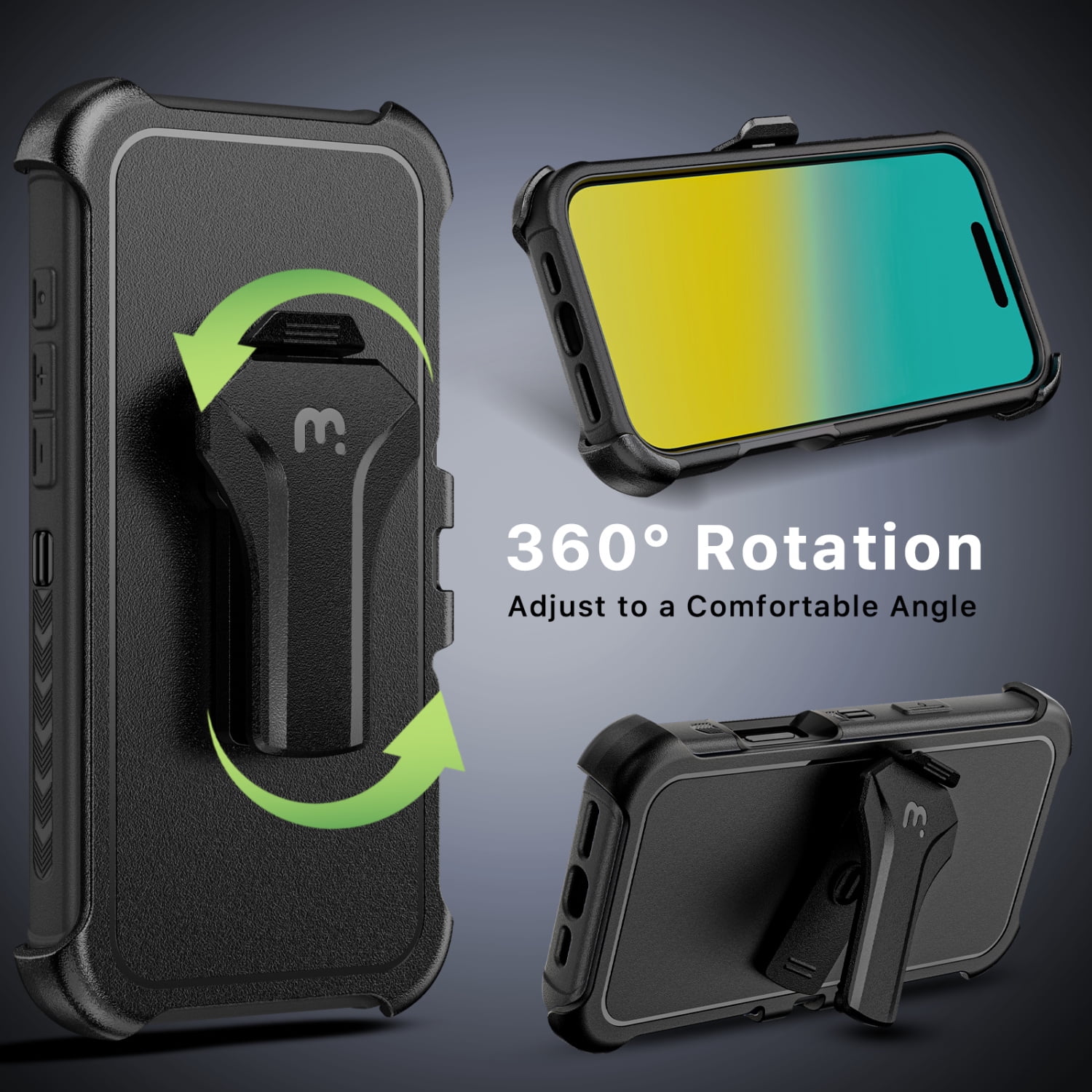 MyBat Pro Maverick Series Cell Phone Case with Holster and Tempered Glass for Apple iPhone 16 Pro Max, Black