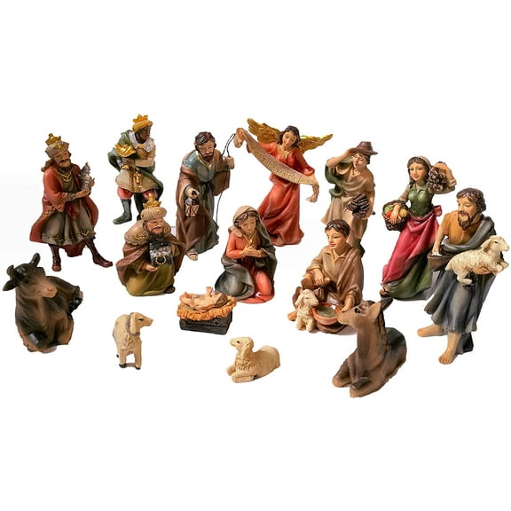 Faithful Treasure 15 Pieces Nativity Figurine Set.  4" Tall Hand-Painted Christmas Nativity Scene