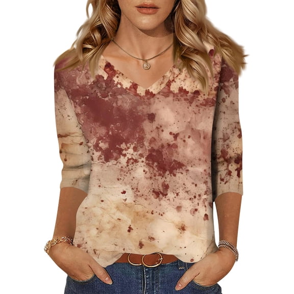WTOBBY Women's Vintage Halloween Print V-Neck 3/4 Sleeve Casual Top Loose Fit Blouse Tee for Fall Festivities and Daily Fashion Wear,Beige L