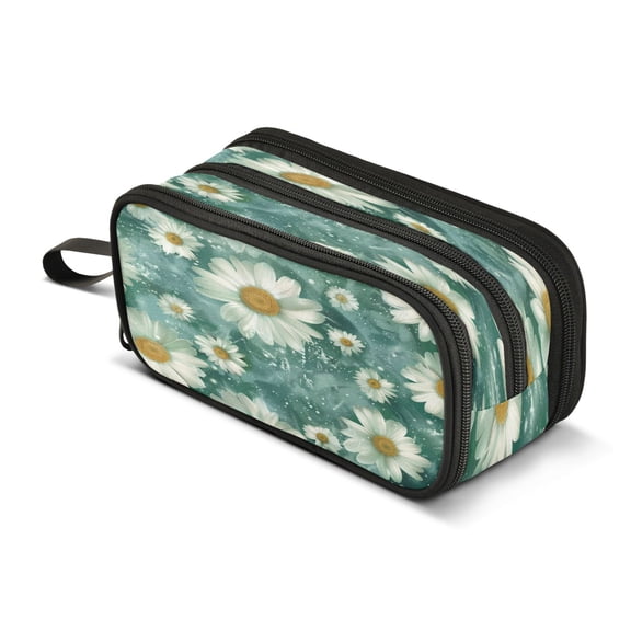 ALAZA Daisy Flowers White Green Pencil Case Bag 3 Compartment Pen Pouch Large Storage Holder Box Organizer