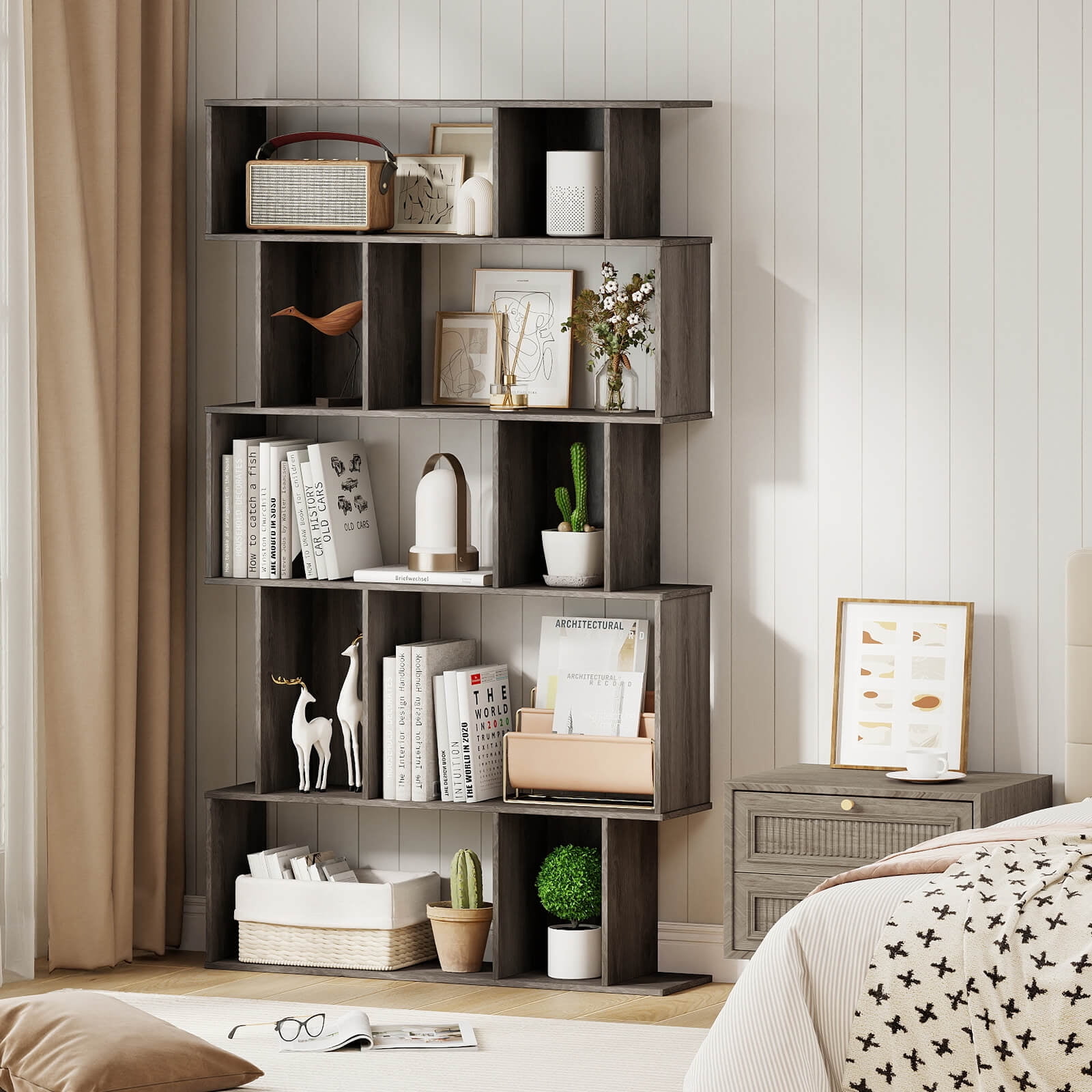 Costway 1 PCS 5-Tier Geometric Bookshelf with Open Shelves & Closed-back Cubes for Living Room Gray Oak