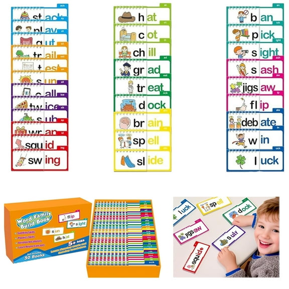 30 Read and Rhyme Flip Books – Word Families & ABC Vocabulary Flash Cards,Word Family Flip Books, word family build book Educational Reading Games for Early Learners