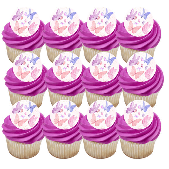 12 - 2 inch Pink and Purple Butterfly Cookie Cupcake Edible Frosting Photos Decoration Toppers