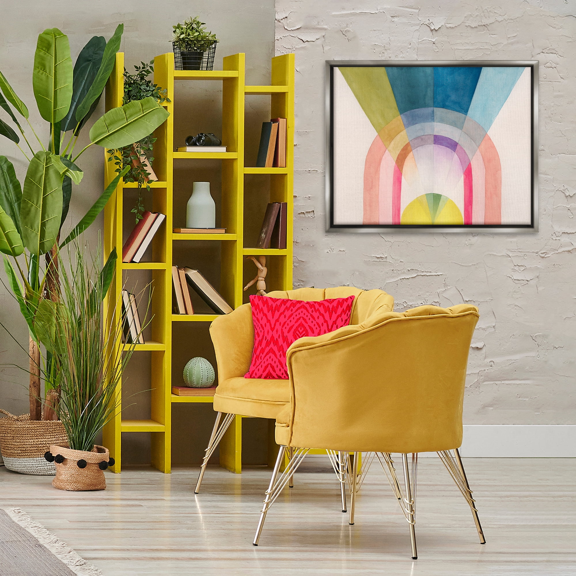 Stupell Industries Sun Rays & Rainbow Abstract Painting Gray Floater Framed Canvas Art Print Wall Art, 31 x 25