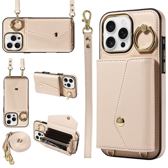 Compatible with iPhone 16 Pro diagonal wallet case (6.3 inches), featuring a lanyard, 364° rotating ring, and RFID-blocking card slot stand, PU leather magnetic wallet case (beige)