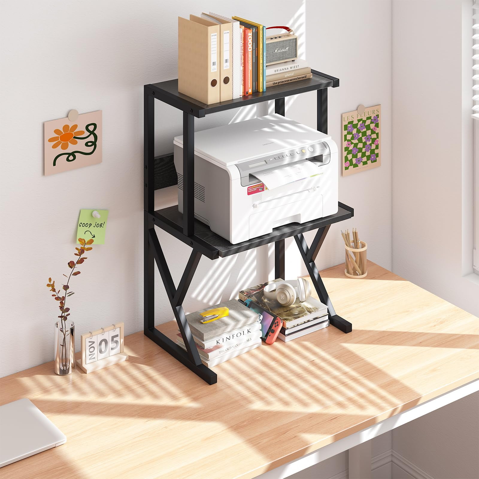 Desktop Printer Stand with 3 Tier Wood Storage Shelves,Under Desk Printer Table,Multi-Purpose Home Office Desk Organizer for Fax Machine, Scanner (Black)