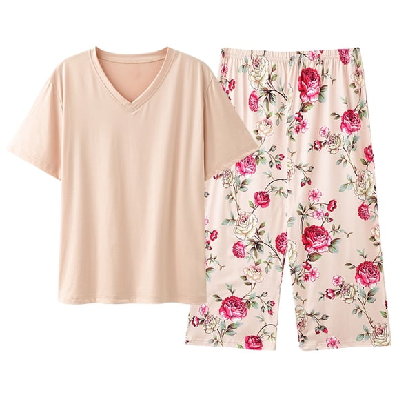 Weebloom Pajama Sets For Women Plus Size Capri Pajamas For Set Floral Print Pajamas Short Sleeve Tops Capri Pants Sleepwear Nightwear Pjs Loungewear Beige 3Xl