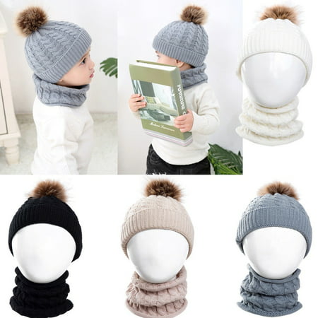 2Pcs Toddler Baby Boys Girls Winter Warm Fur Pom Bobble Knit Beanie Hats Caps scarf