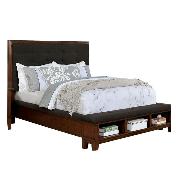 Queen Bed with Tufted Headboard and Bench Storage Footboard, Dark Brown